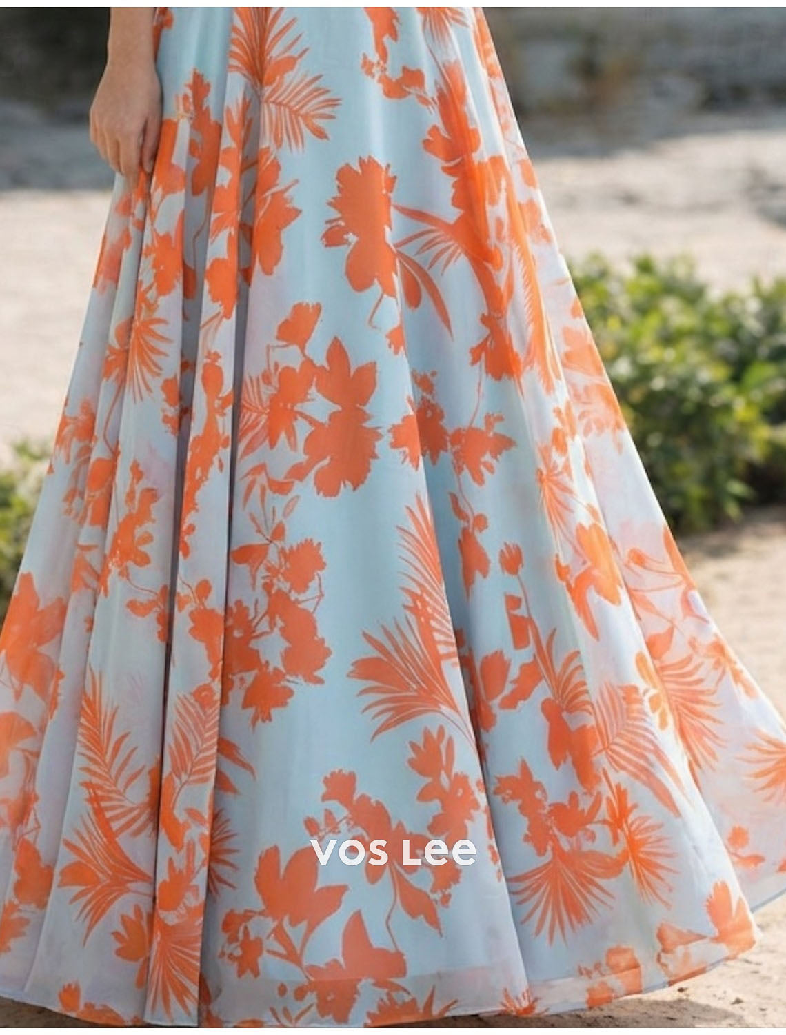Orange Floral Maxi Dress | 3/4 Sleeve V-Neck Formal Gown with Floral Applique