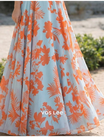 Orange Floral Maxi Dress | 3/4 Sleeve V-Neck Formal Gown with Floral Applique