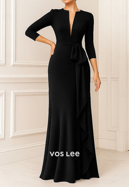 Elegant V Neck Satin 3/4 Sleeves Sheath Long Mother Dress for Bride With Bow