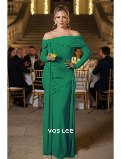 Elegant Long Sleeve Off Shoulder Sheath Formal Wedding Guest with Ruched