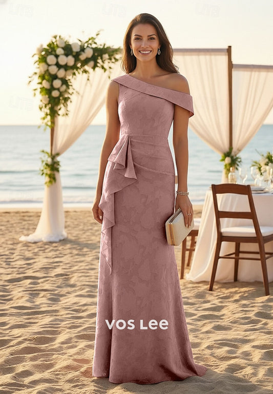 One Shoulder A-Line Floor Length Mother of the Bride Dress with Ruffles Side Drapi