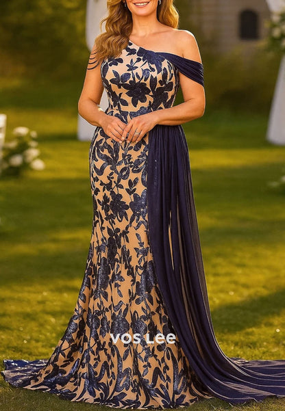 Luxury Off Shoulder Floral Print Sequin A-Line Floor Length Evening Dress