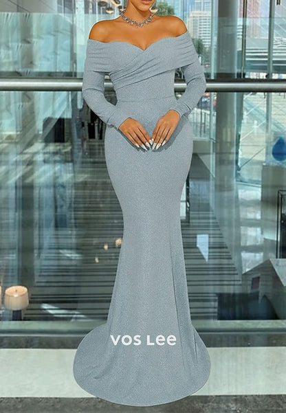 Elegant Off Shoulder Long Sleeve Mermaid  Evening Gownwith Glitter Pleats