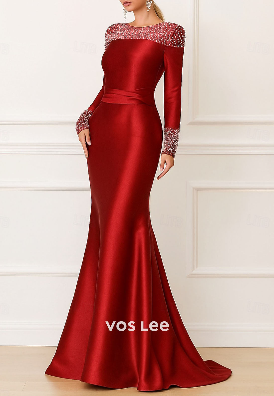 Stunning O-Neck Long-Sleeves Bead Sheath Evening Dress Formal Gowns