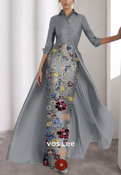 Beaded Sequin Flower Half Sleeves Sheath Formal Gown Mother Dress