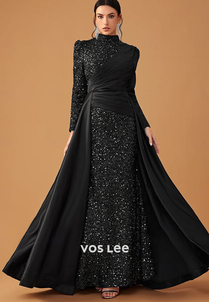 Stunning High-Neck Long-Sleeves Sequin Sheath Evening Dress Formal Gowns