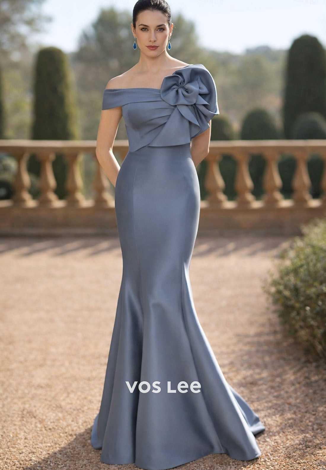 Blue Off-the-Shoulder Mermaid Gown – Satin Formal Dress with Oversized Bow Detail