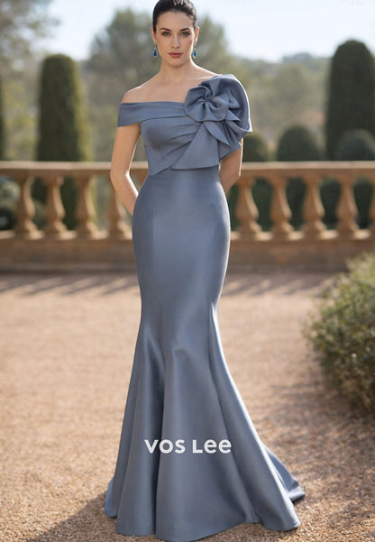 Blue Off-the-Shoulder Mermaid Gown – Satin Formal Dress with Oversized Bow Detail