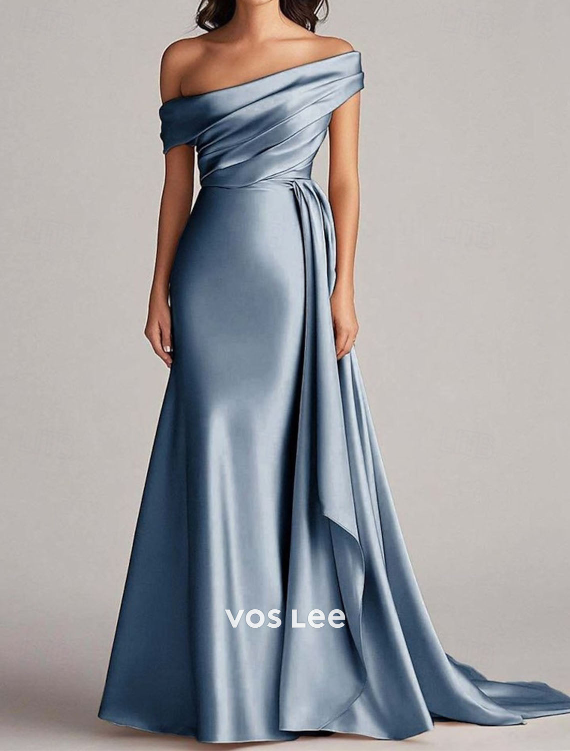 Off-the-Shoulder Mermaid Gown – Satin Formal Dress with Draped Sash & Train