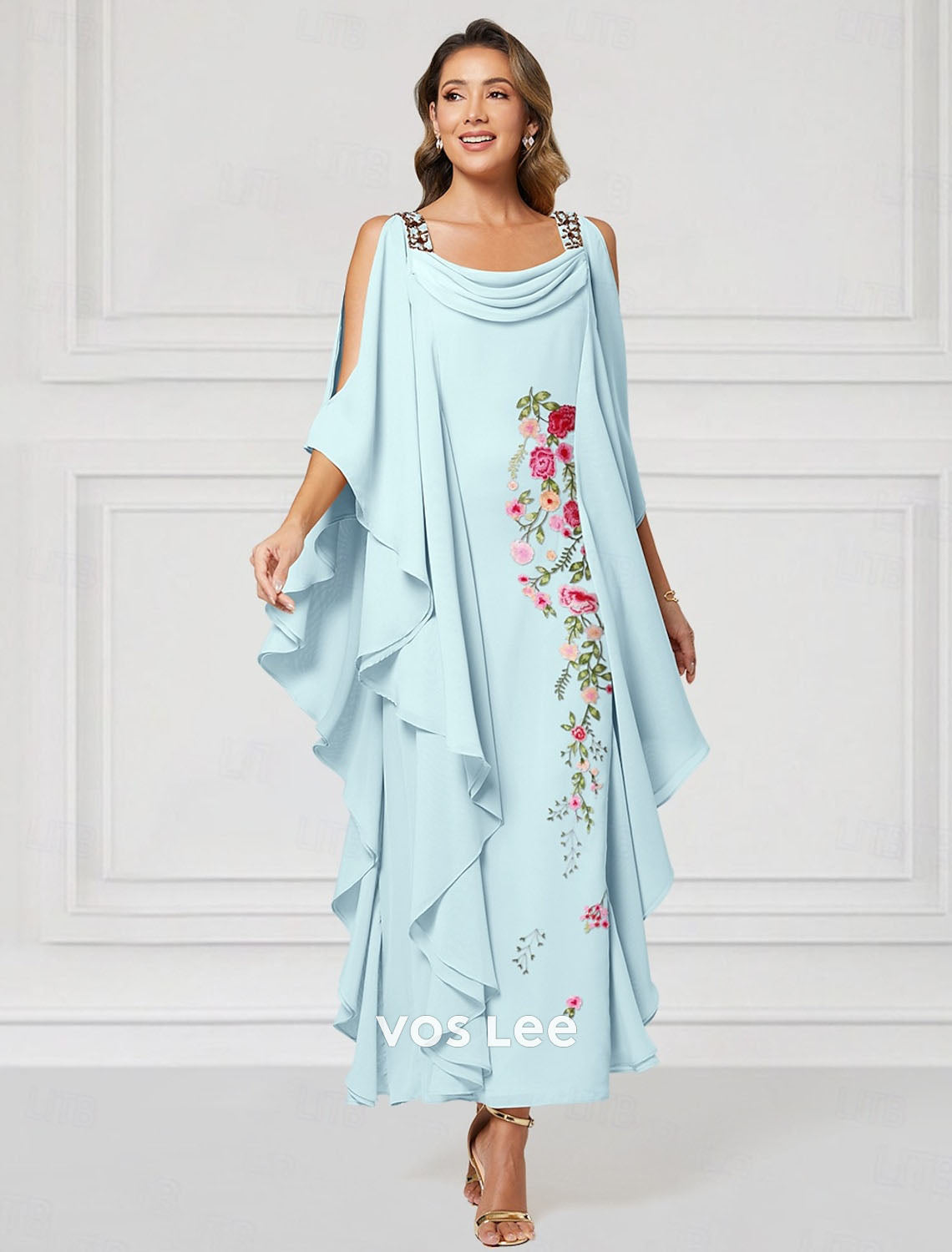 Sky Blue Cold-Shoulder Chiffon Maxi Dress | Floral Embroidery Flowy Formal Gown