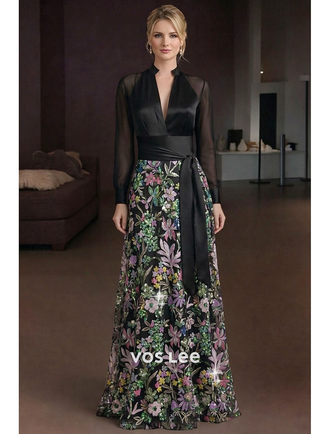 Emerald Green A-Line Gown – Chiffon Long Sleeve Formal Dress