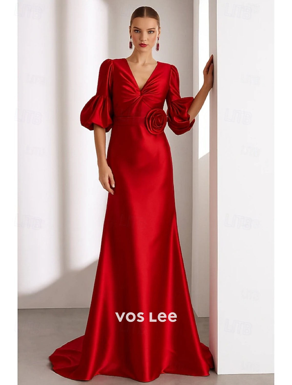 Elegant Half Sleeve V Neck A-Line Floor Length Evening Gown Formal Dress