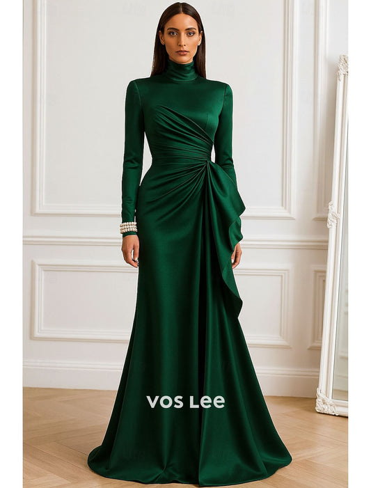 Emerald Green High Neck Satin Evening Gown | Long Sleeve Ruched Mermaid Formal Dress