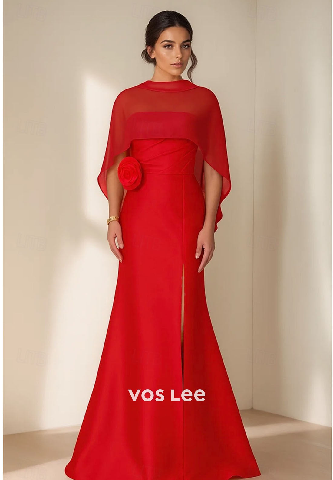 Elegant Red Capelet Formal Dress - Mother's Banquet Gown with 3D Floral Detail