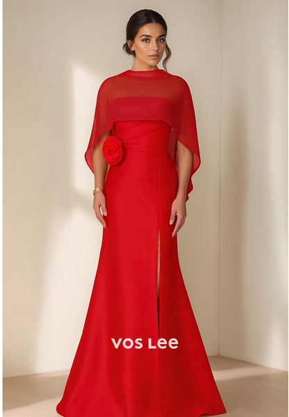 Elegant Red Capelet Formal Dress - Mother's Banquet Gown with 3D Floral Detail