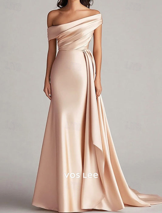 Off-the-Shoulder Mermaid Gown – Satin Formal Dress with Draped Sash & Train