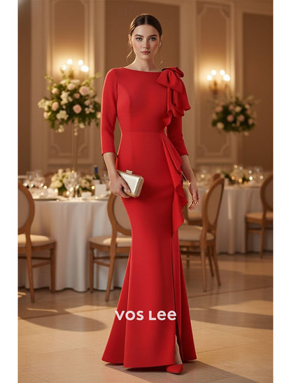 Red 3/4 Sleeve Mermaid Gown – Asymmetric Ruffle Formal Dress with Bow Detail