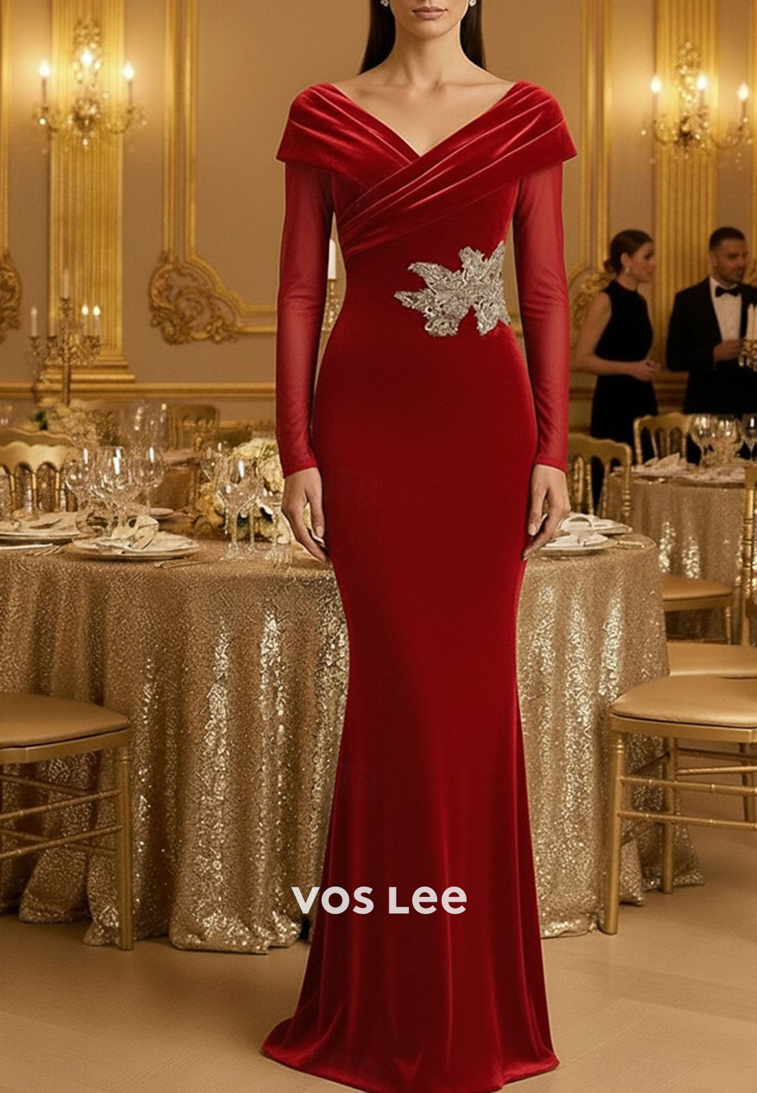 Velvet Long Sleeve with Embroidery Appliques Mermaid Floor Length Evening Gown
