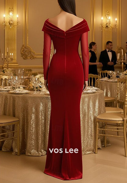 Velvet Long Sleeve with Embroidery Appliques Mermaid Floor Length Evening Gown