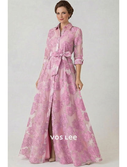 Blush Pink Floral Embroidered Shirt Dress | Belted Waist Rolled Sleeve Maxi Dress with Slit