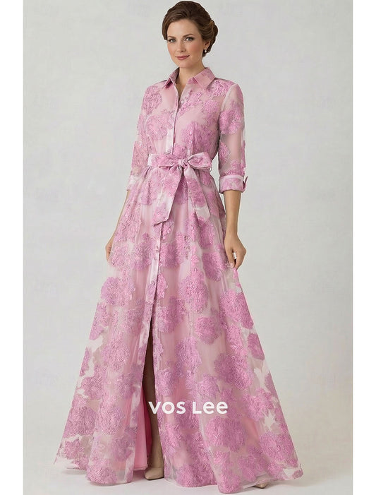 Blush Pink Floral Embroidered Shirt Dress | Belted Waist Rolled Sleeve Maxi Dress with Slit