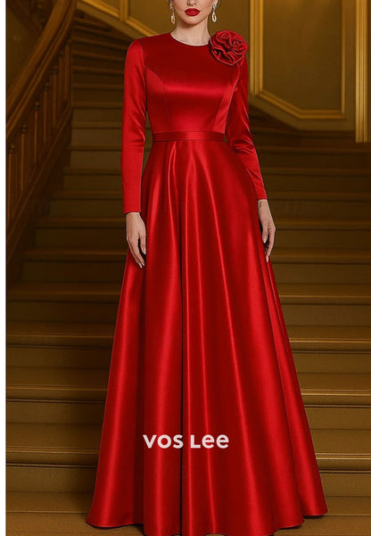 Red A-Line Evening Gown Elegant Formal Dress Long Sleeve with Shouder Flower