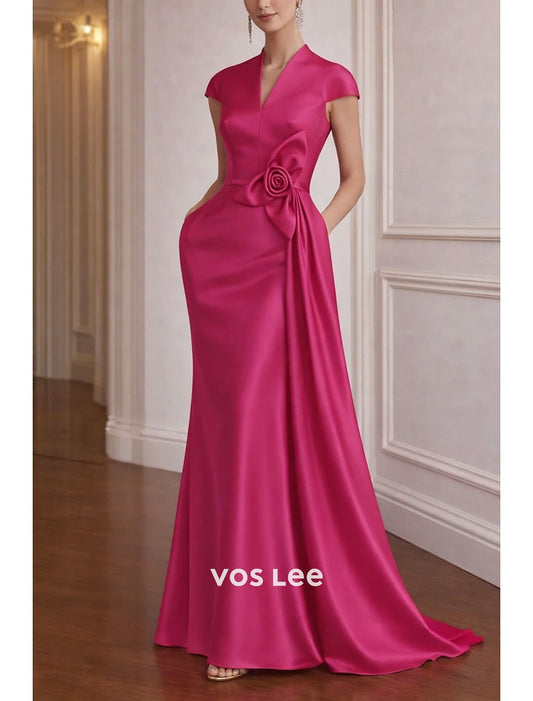 Fuchsia V-Neck Satin Mermaid Gown | 3D Floral Waist Cap Sleeve Evening Dress