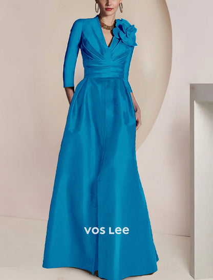 Royal Blue Satin Formal Gown | V-Neck 3/4 Sleeve Maxi Dress with Floral Applique, Pockets & Front Slit