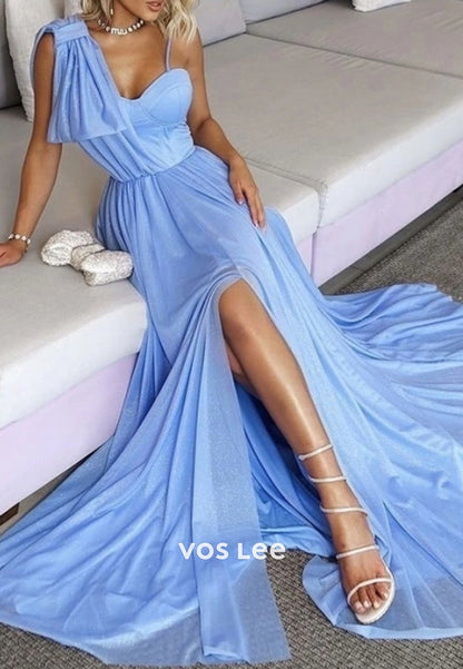 Sparkling A-Line Asymmetrical Neck Sweetheart Floor-Length Evening Dresses with Spilt