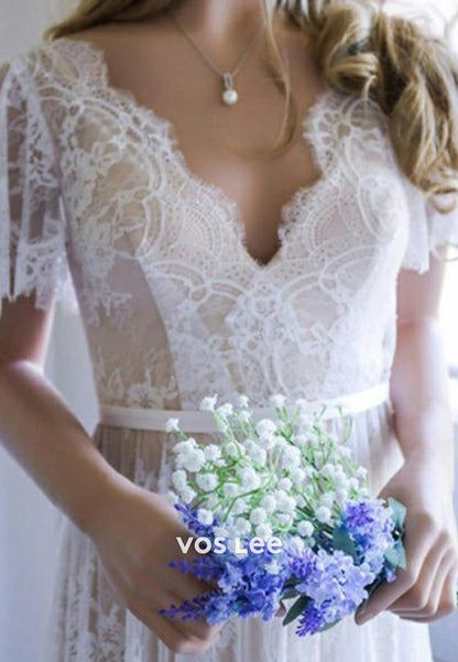 A-Line Flutter Sleeves V Neck Appliques Lace Wedding Dresses with Sweep Train