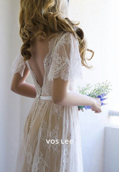 A-Line Flutter Sleeves V Neck Appliques Lace Wedding Dresses with Sweep Train