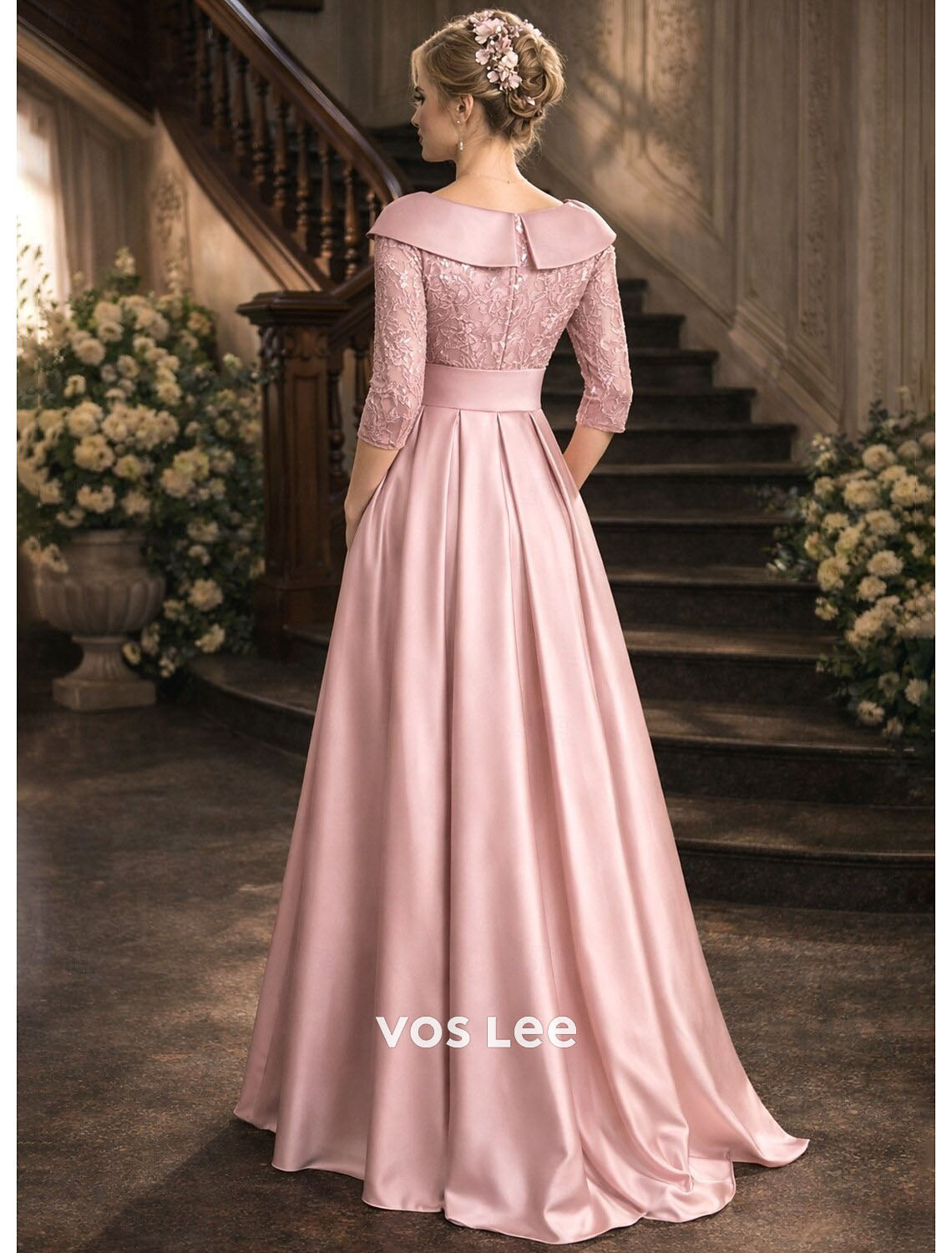 Blush Pink Satin V-Neck Pocketed Mother of the Bride Dress with Lace Bodice Gown