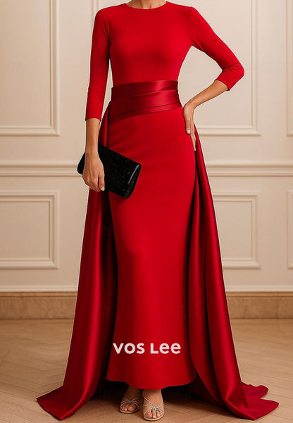 Scoop-Neck 3/4-Sleeves Pleated Satin Mermaid Evening Dress