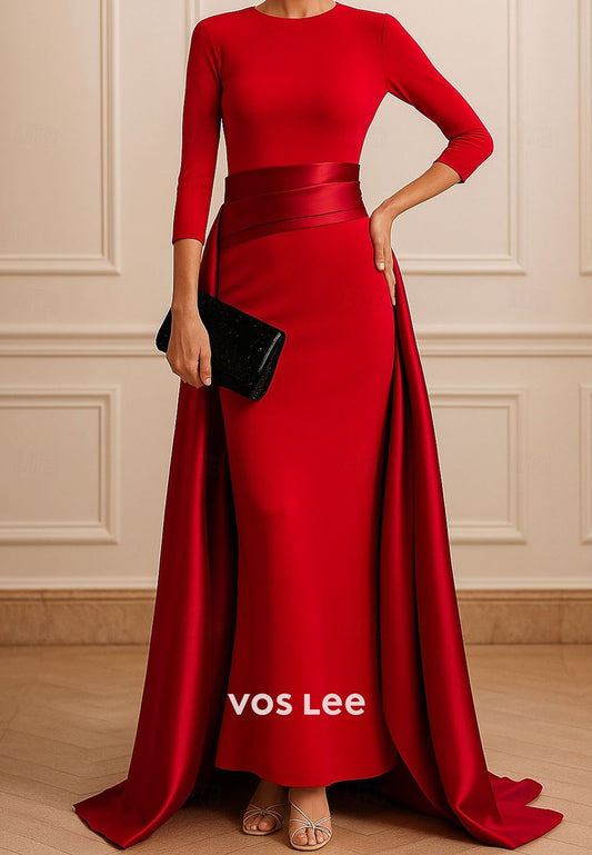 Scoop-Neck 3/4-Sleeves Pleated Satin Mermaid Evening Dress