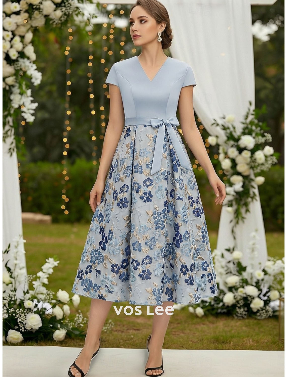 Sky Blue Floral Jacquard Fit-and-Flare Dress | V-Neck Cap Sleeve Midi Dress with Bow Belt