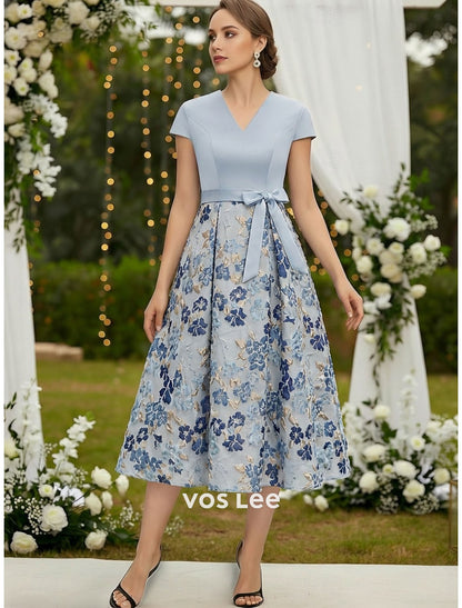 Sky Blue Floral Jacquard Fit-and-Flare Dress | V-Neck Cap Sleeve Midi Dress with Bow Belt