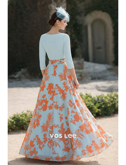 Orange Floral Maxi Dress | 3/4 Sleeve V-Neck Formal Gown with Floral Applique