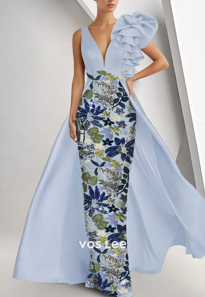 Elegant Sleeveless V Neck Sequins Sheath Floor Length Evening Gown with Overskirt Formal Dress