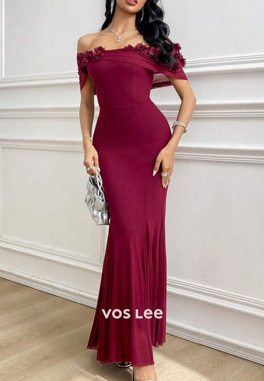 Off the Shoulder Floral Embellished Pleated Ankle-Length Mermaid Evening Dresses