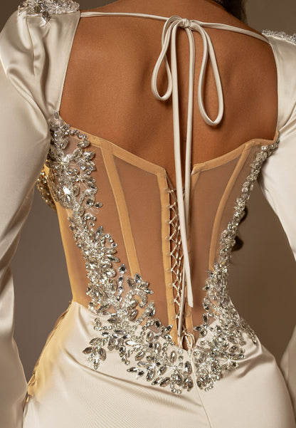 Luxury Rhinestone Corset Formal Dress | Long Sleeve Satin Mermaid Gown
