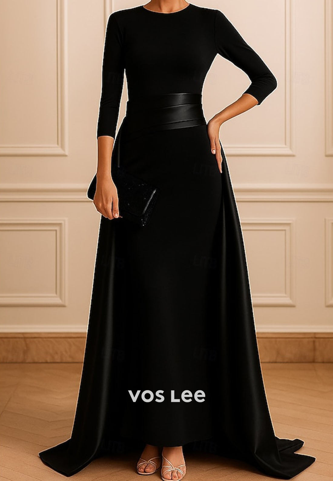 Scoop-Neck 3/4-Sleeves Pleated Satin Mermaid Evening Dress