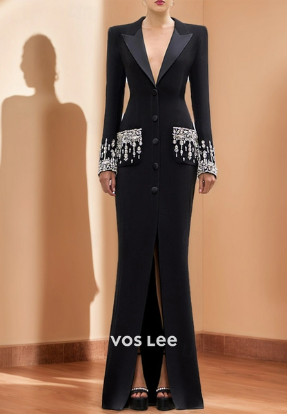 Glamorous & Dramatic Black V-Neck Rhinestone Long Sleeves Evening Dress