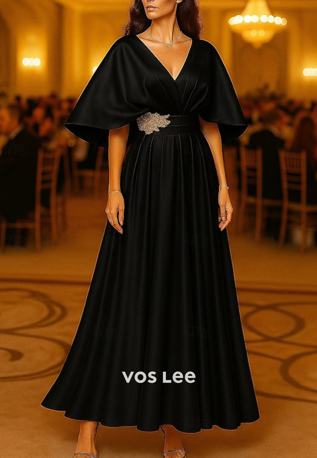 Elegant Pleat A-Line Cap Sleeve Satin Bead Crystals Evening Gown