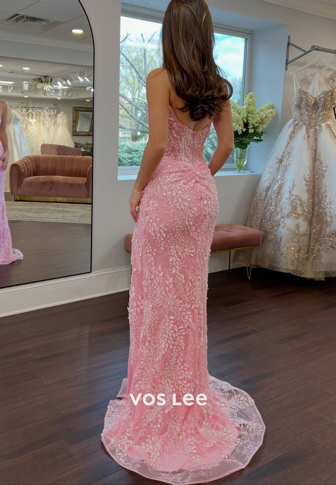 Luxury Mermaid Pink Lace Prom Dress Rhinestone Floor Length Party Gala Dresses