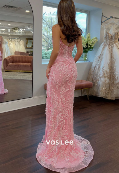 Luxury Mermaid Pink Lace Prom Dress Rhinestone Floor Length Party Gala Dresses