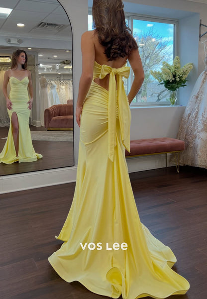 Yellow Strapless Sheath Satin Long Prom Dresses With Slit