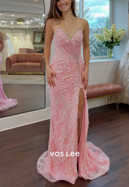Luxury Mermaid Pink Lace Prom Dress Rhinestone Floor Length Party Gala Dresses