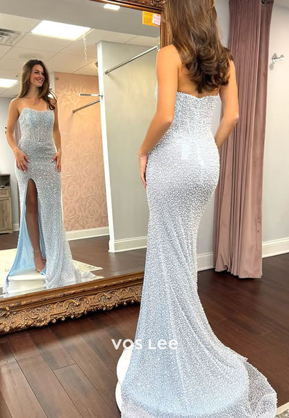 Stylish Mermaid Strapless Blue Long Prom Dress with Beading Pearls
