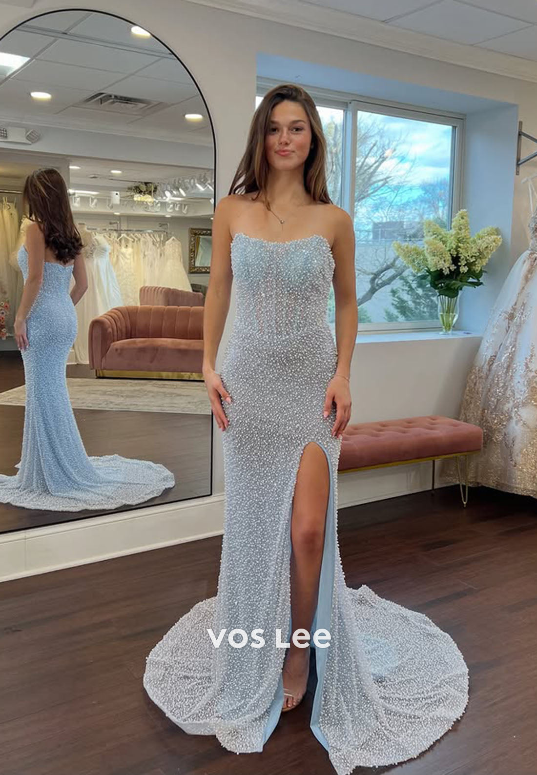 Stylish Mermaid Strapless Blue Long Prom Dress with Beading Pearls