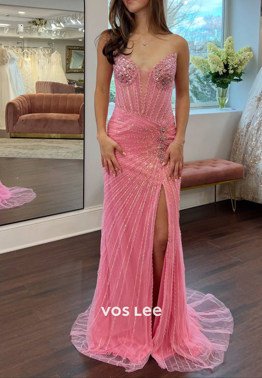 Trendy Mermaid Sweetheart Split Long Prom Dress with Beading